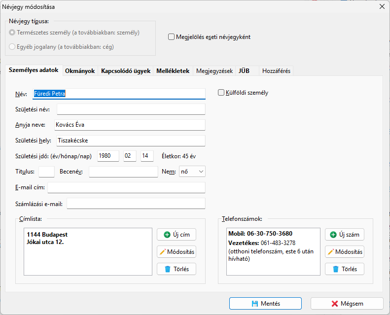 Természetes személy rögzítése